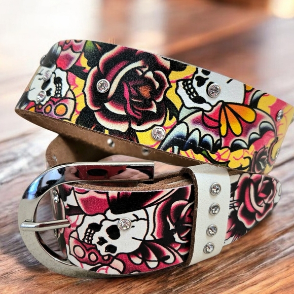 Ed Hardy Accessories - Ed Hardy genuine leather belt skull & rose Tattoo w Rhinestones Sz S/ 26-32"